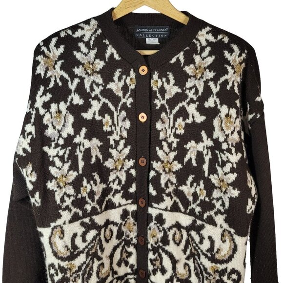 Lauren Alexandra Cardigan Sweater Brown Cream Large Floral Gold Fleck Button VTG - Picture 2 of 7